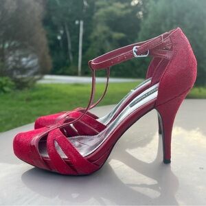 White House Black Market Red Textured Avery T-Strap Stilettos Size 8